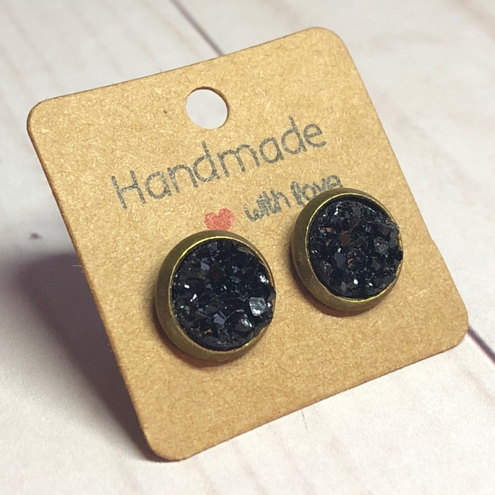 Chunky Black Druzy Bronze Stud Earrings! - Picture 8 of 16